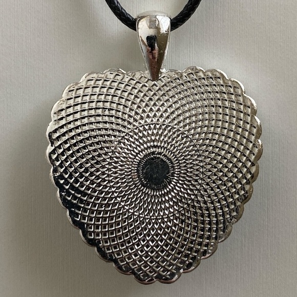 Handmade Blue Fluid Art Heart Pendant Necklace Silver Tone Rhinestone Frame - Picture 8 of 10